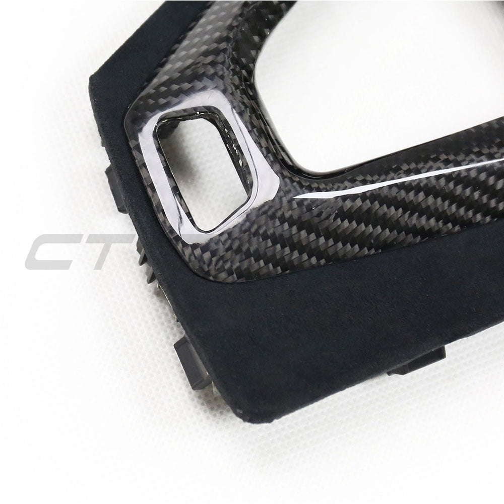 BMW M3 M4 F80 F82 F83 F87 ALCANTARA and carbon shifter surround by CT Carbon, LHD model, close-up of the interior accessory.