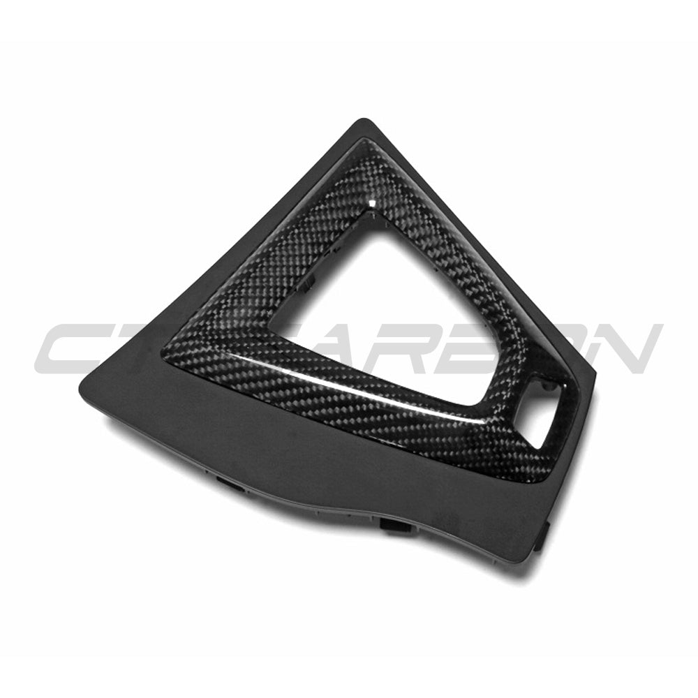 BMW M3 M4 F80 F82 F83 F87 ALCANTARA and carbon shifter surround accessory by CT Carbon, right-hand drive, showcasing sleek interior details.