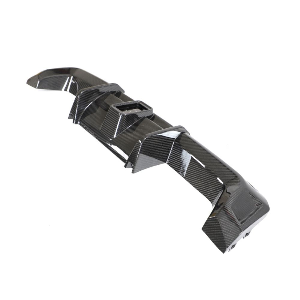 BMW M3 M4 G80 G81 G82 G83 carbon fibre diffuser with integrated LED lights, designed by CT Carbon for sporty rear styling.