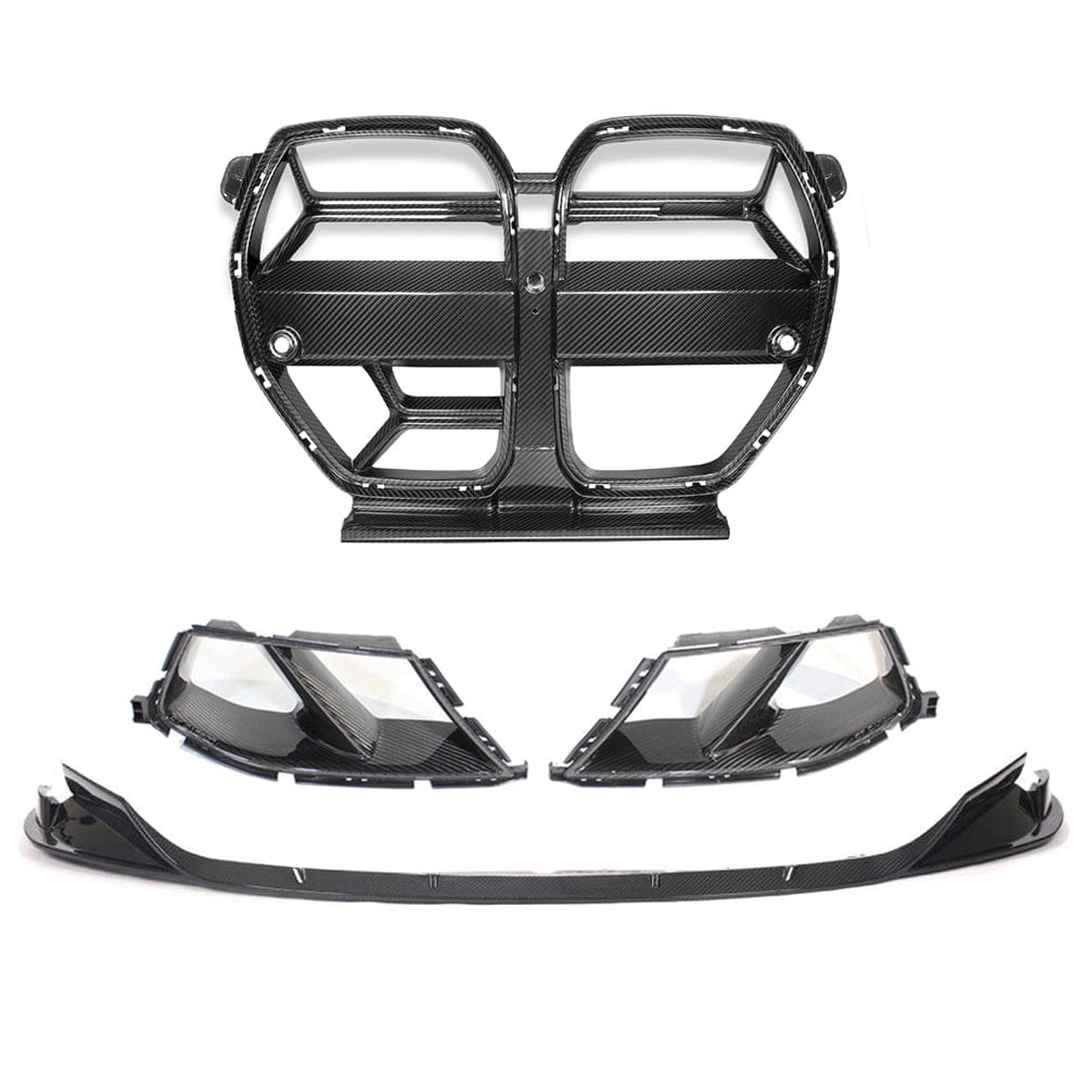 BMW M3 M4 G80 G82 carbon fiber front end pack by CT Carbon, showing aerodynamic front bumper and carbon fiber accents.