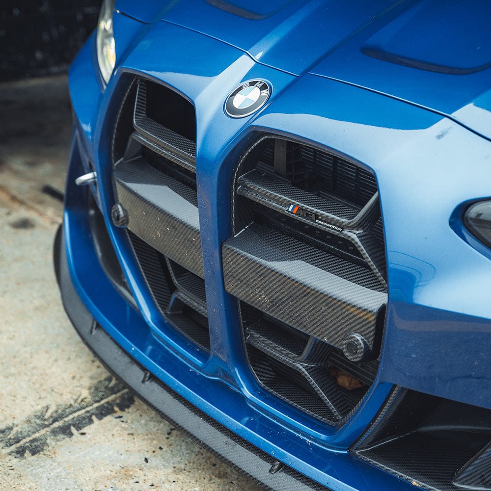 BMW M3 M4 G80 G81 G82 G83 CT Carbon fiber grille without ACC, close-up view showing sleek black carbon fiber design.