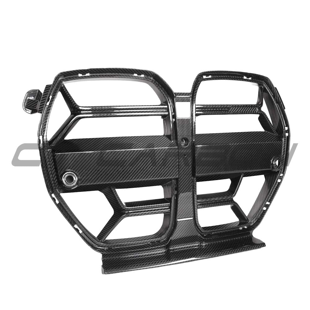 BMW M3 M4 G80 G82 G83 carbon fiber grille by CT Carbon, showing sleek black textured finish on the car's front grille.
