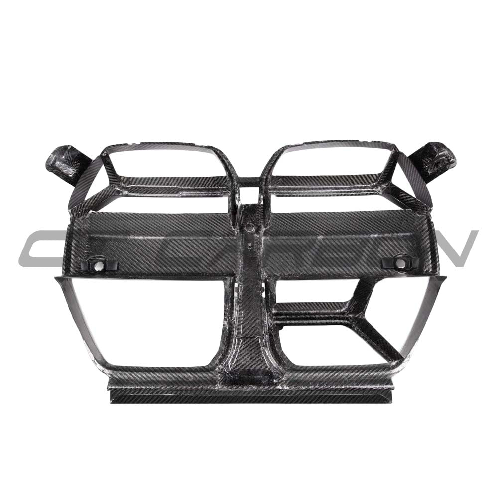 BMW M3 M4 G80 G82 carbon fibre grille with ACC V2 by CT Carbon, showcasing sleek black finish and detailed mesh design.