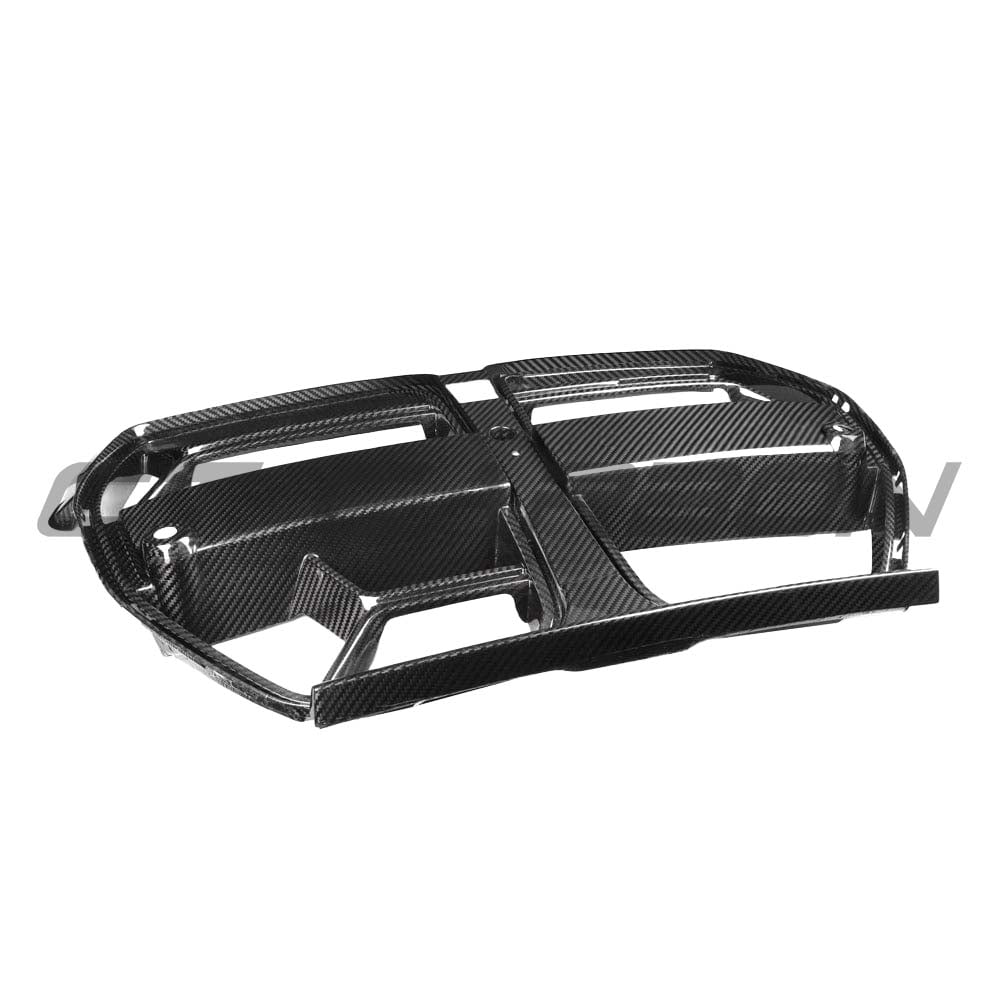 BMW M3 M4 G80 G82 G83 carbon fiber front end kit by CT Carbon, featuring grille and accessories, shown on a sporty car.