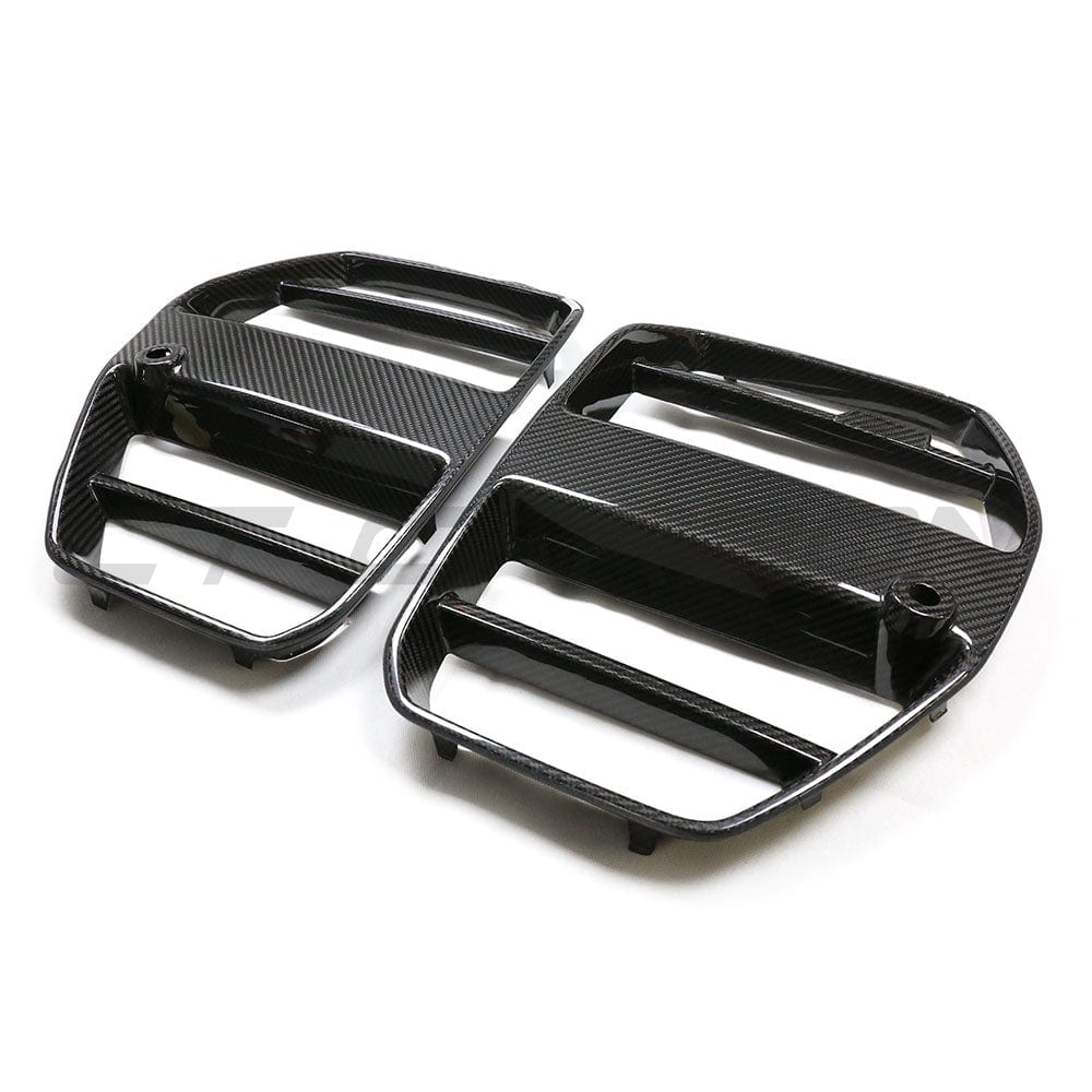 BMW M3 M4 G80 G82 G83 carbon fiber grille by CT Carbon, without accessories, showcasing sleek black carbon fiber design.