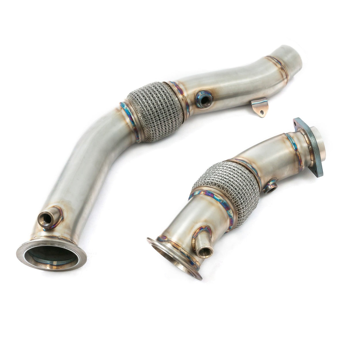 Cobra Sport BMW M4 F82 coupe 3-inch primary de-cat downpipe, showing the sleek metallic exhaust pipe with Cobra branding.