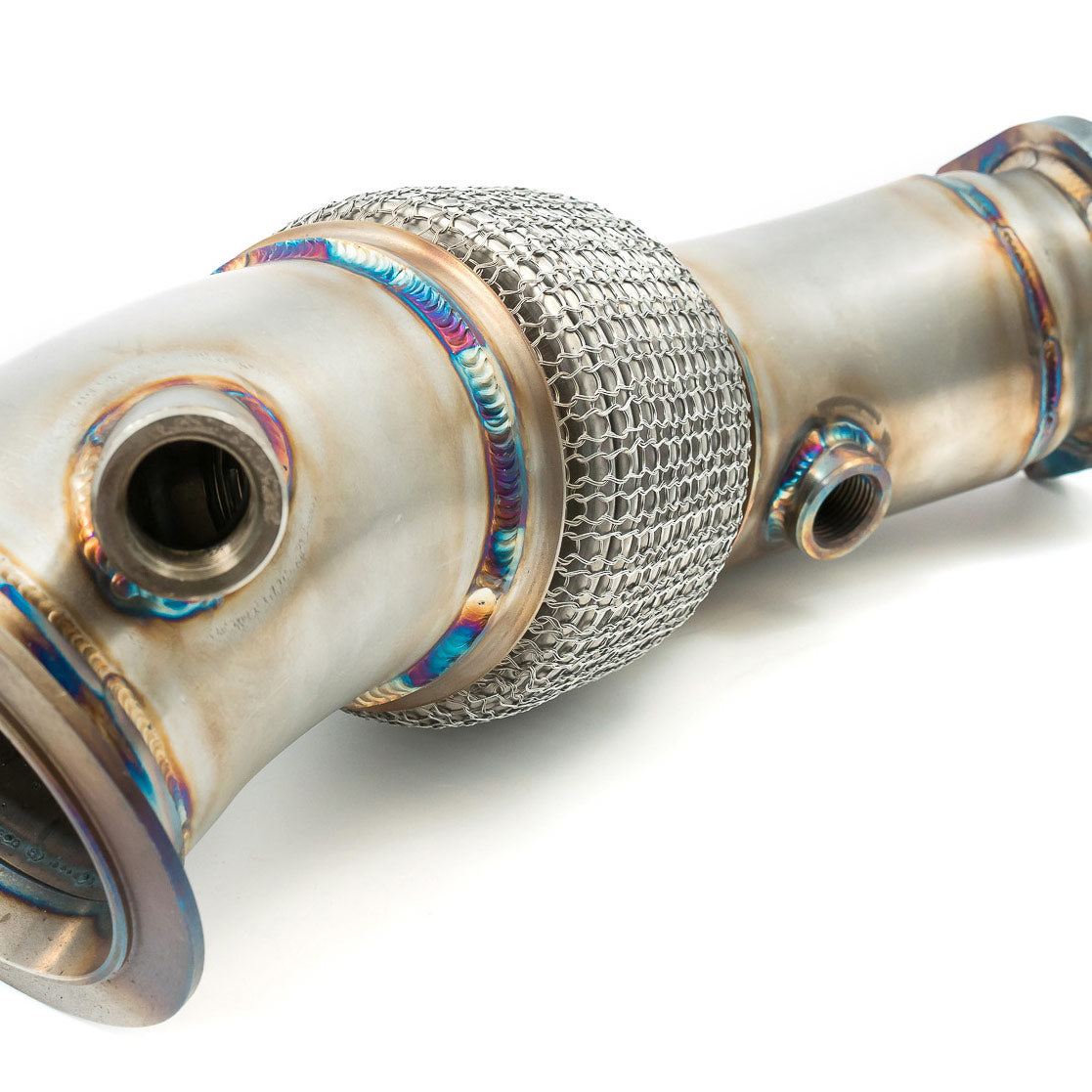 Cobra Sport 3-inch primary de-cat downpipe for BMW M4 F82 coupe, showcasing the stainless steel exhaust component.