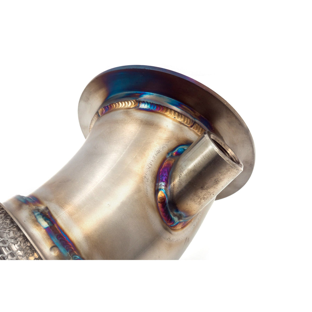 Cobra Sport BMW M4 F82 coupe 3-inch primary de-cat downpipe for performance exhaust system, shown in the image.