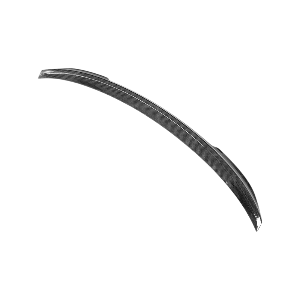BMW M4 F82 carbon fiber V style spoiler by CT Carbon, showcasing the aerodynamic design and sleek finish on the car's rear.