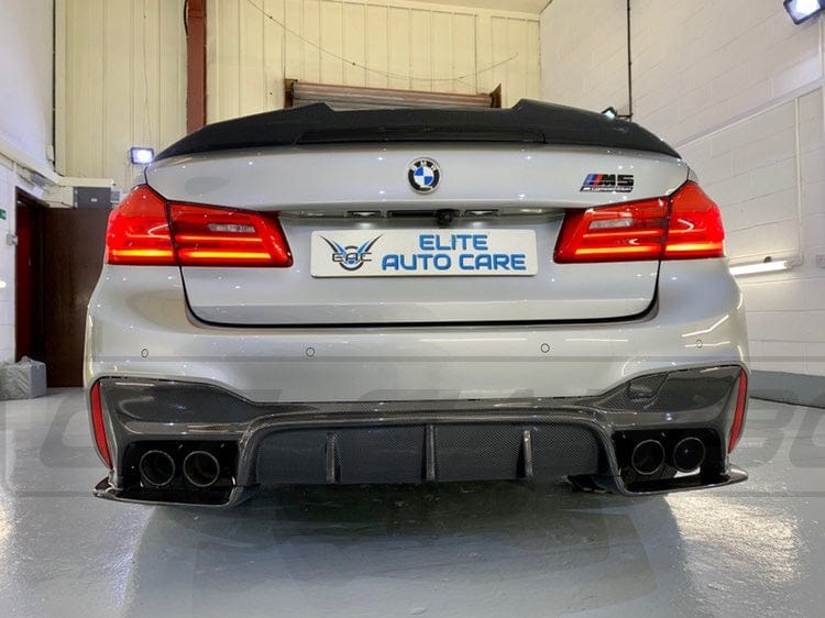 BMW M5 F90 and G30 5 Series carbon fiber spoiler V1 by CT Carbon, shown as a sleek ducktail-style aerodynamic rear spoiler.