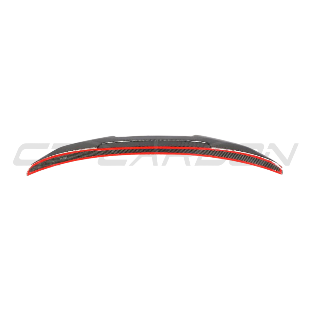 BMW M5 F90 and G30 5 Series carbon fiber spoiler, V1 ducktail style, by CT Carbon, shown on car with sleek aerodynamic design