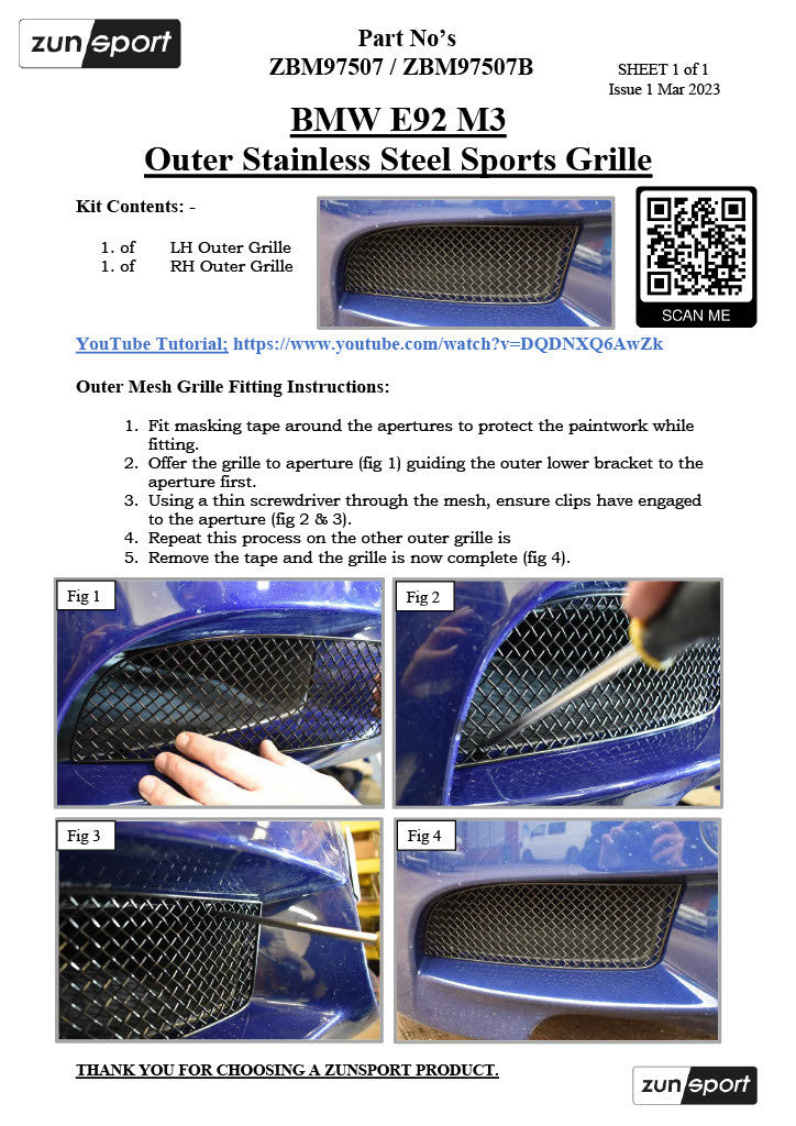 ZunSport BMW E92 M3 front grille set with detailed fitting instructions, showcasing the stylish exterior grille components.