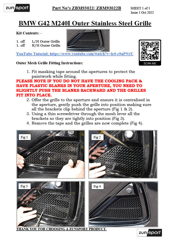 BMW G42 M240i front grille set by ZunSport, featuring stainless steel sports grille with a sleek, sporty design.