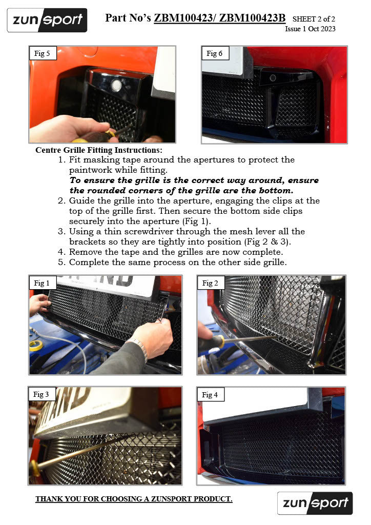BMW G87 M2 front grille set by ZunSport, stainless steel sports grille with detailed fitting instructions visible.