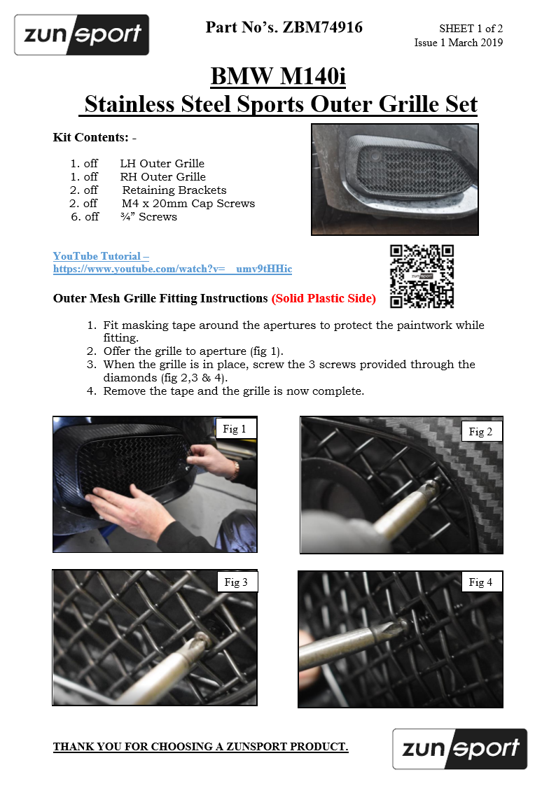 BMW M140i front grille set by ZunSport, showing the outer grille components and fitting instructions on a white background.