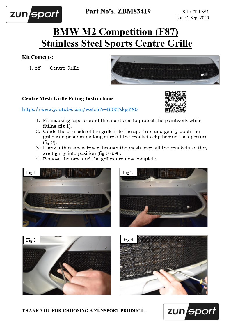 BMW M2 Competition front grille set by ZunSport, showing the center fitting instructions for the F87 model.