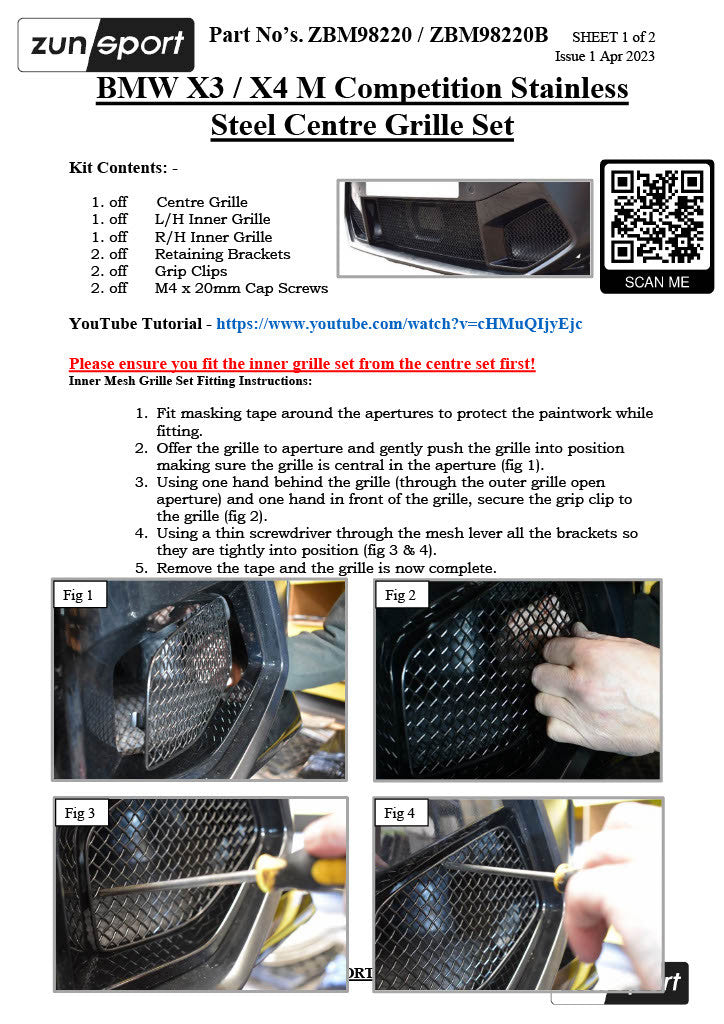 BMW X3/X4 M Competition front grille set by ZunSport, showing the sleek design and fitting instructions for the grille.