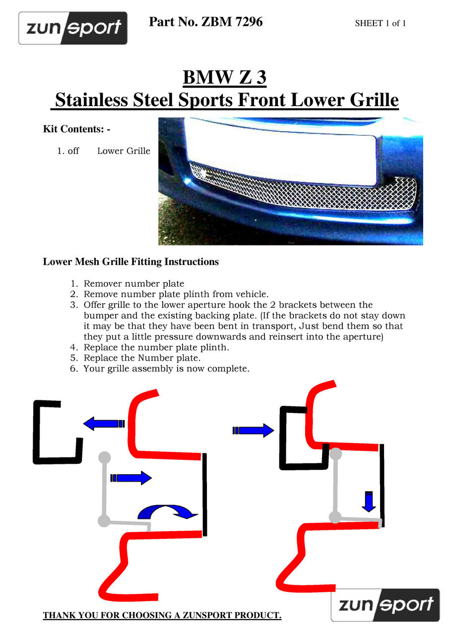 BMW Z3 front grille set by ZunSport, showing the grille components and lower fitting instructions for the vehicle.