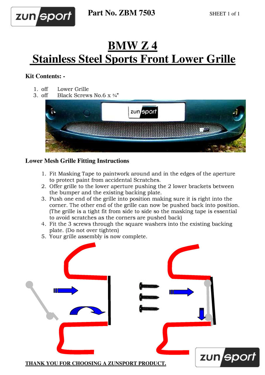 BMW Z4 E85/E86 front grille set by ZunSport, showing the lower fitting instructions for the custom automotive grille.