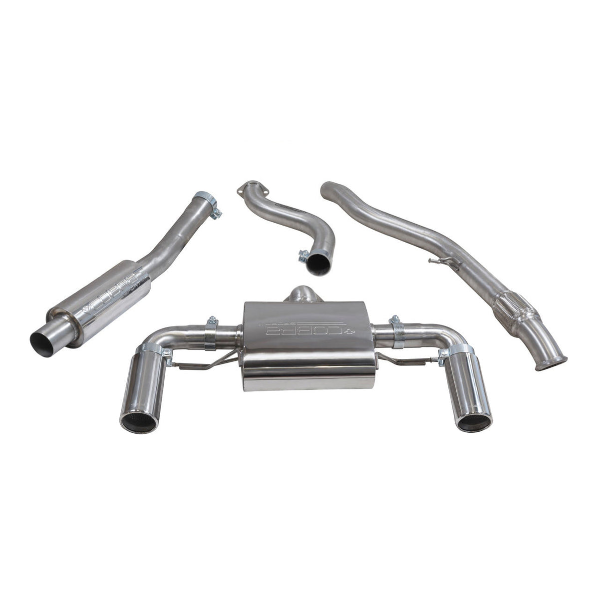 Cobra Sport BMW M235i F22 resonated cat back performance exhaust system installed on the vehicle, showcasing polished exhaust tips.