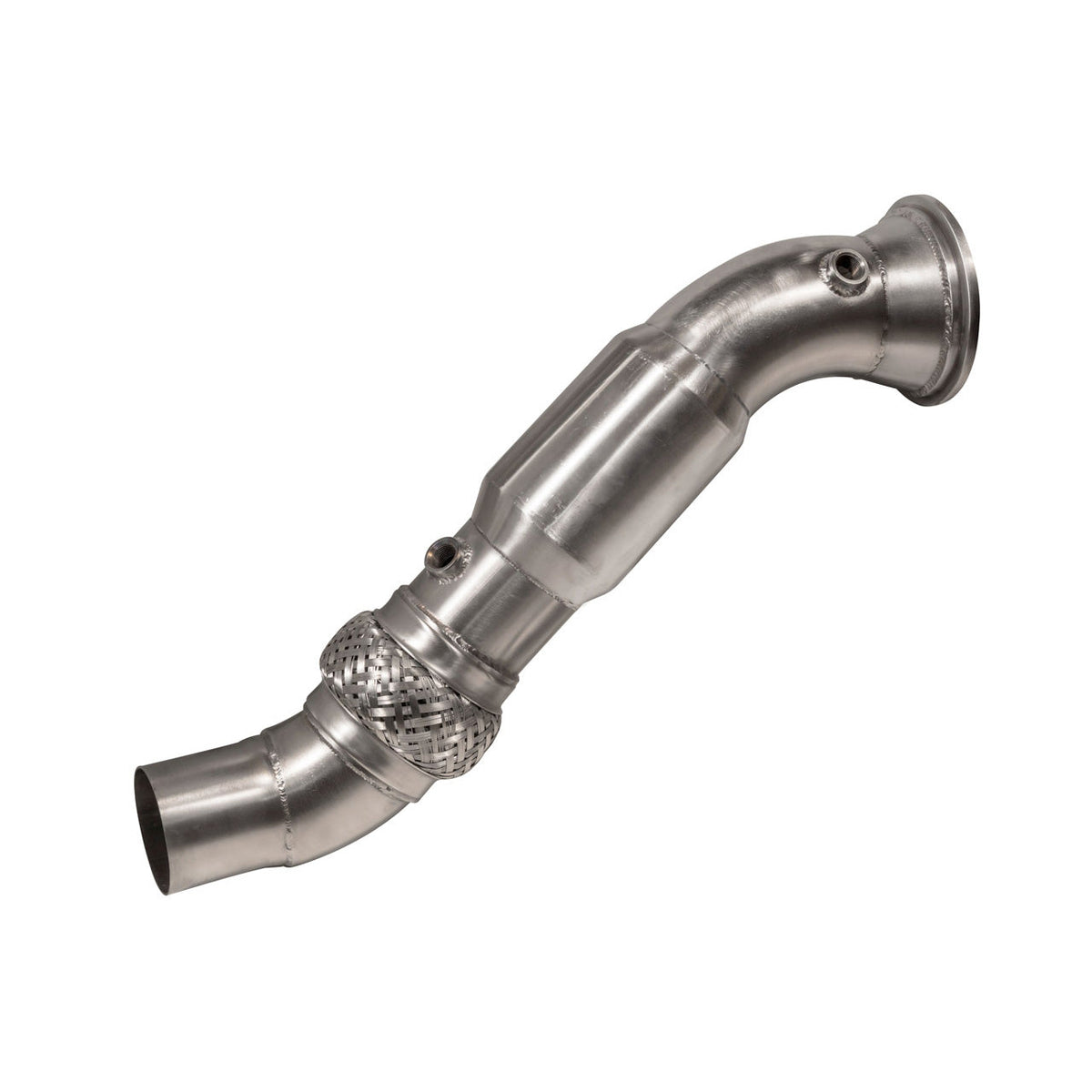 Cobra Sport BMW M240i front downpipe sports cat with de-cat performance exhaust, showcasing the shiny metal pipe and connection points.
