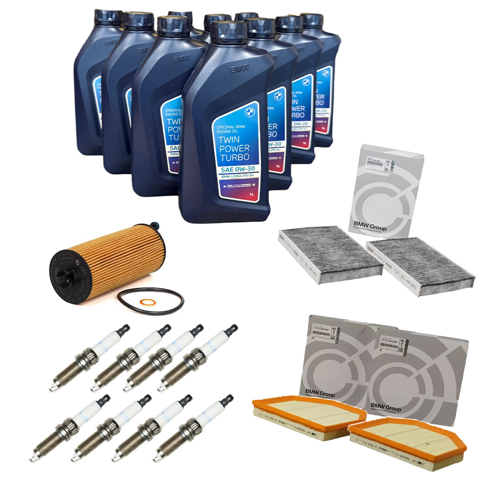 Genuine BMW F10 M5 S63 service kit including engine oil, featuring branded components for engine maintenance.