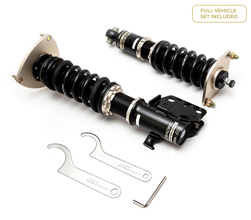 BC Racing coilovers suspension for Volkswagen Golf Cabriolet Mk3/Mk3.5 1992-2002, showing assembled shock absorbers and coil springs.