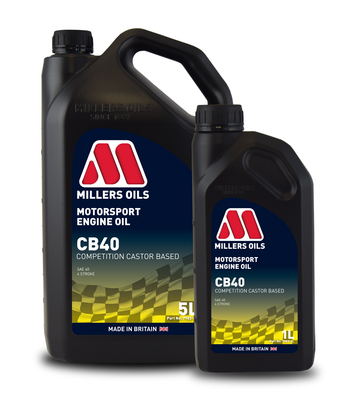 Millers Motorsport CB 40 4-stroke engine oil container with label, designed for high-performance motorcycle engines.