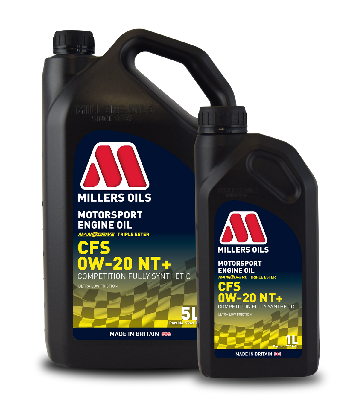 Millers Oils CFS 0W20 NT+ engine oil container, showcasing the product label and packaging design.