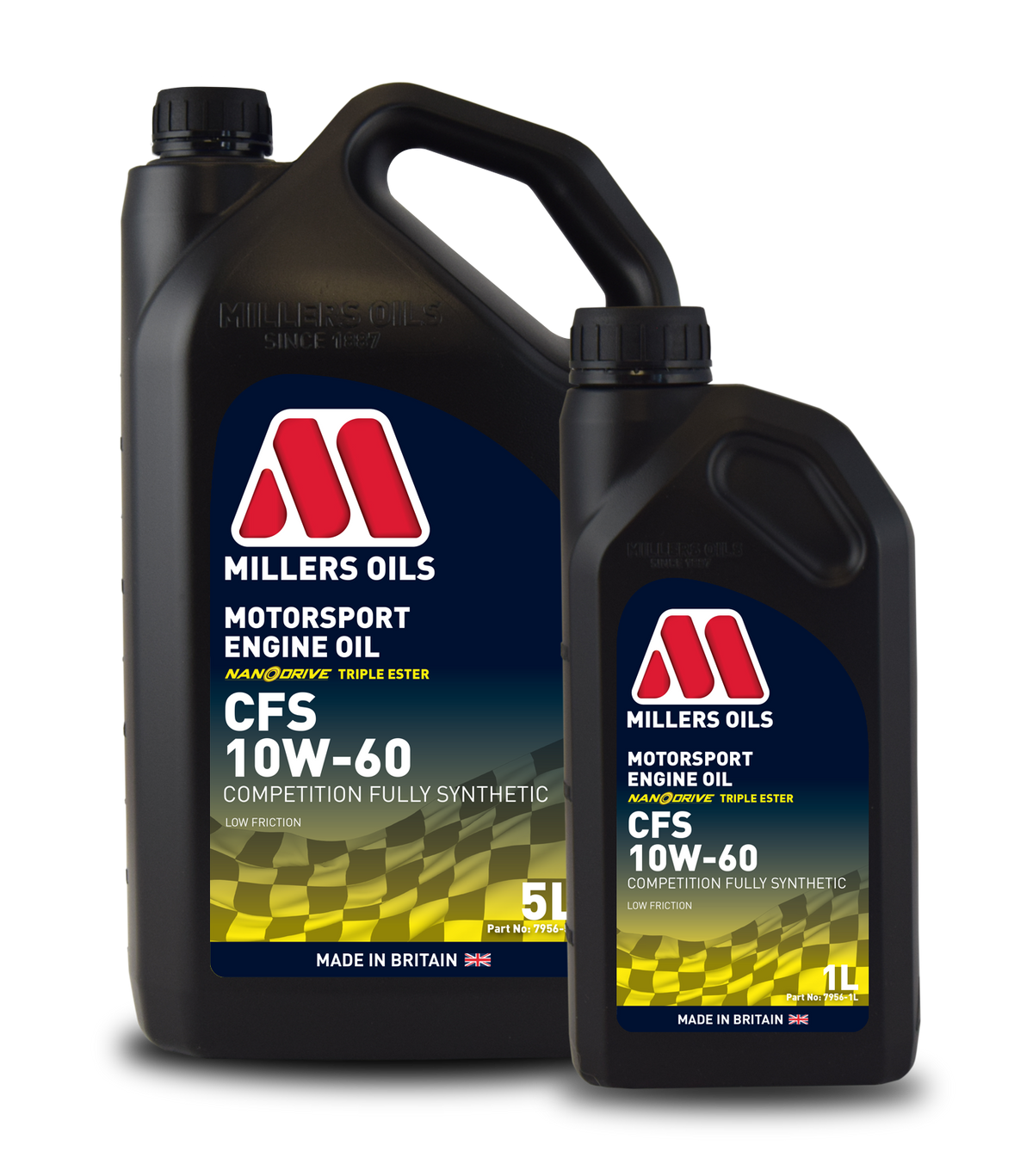 Millers Oils CFS 10W60 engine oil container with label, designed for high-performance automotive engine lubrication