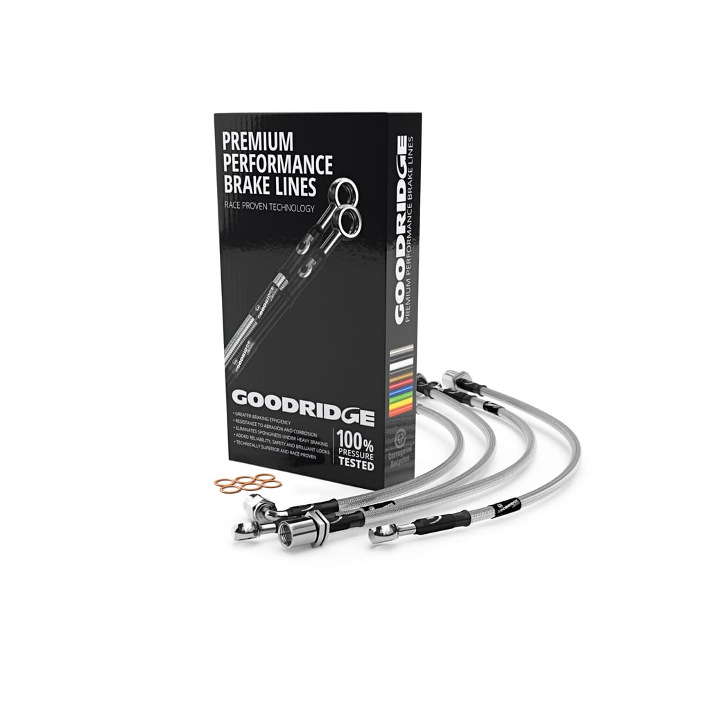 Goodridge brake hose kit for Volkswagen Golf MK8 2.0 GTI, showing black braided brake hoses with fittings.