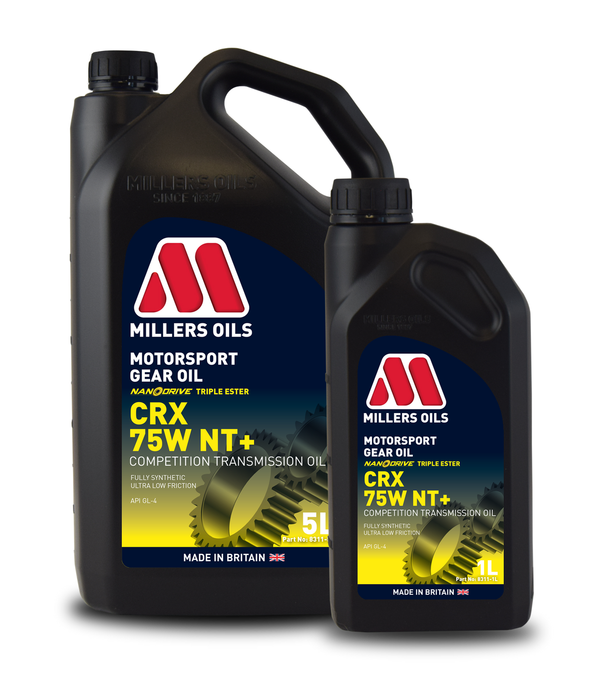 Millers Motorsport CRX 75W NT+ gear oil for gearboxes, shown in a container with the label visible.