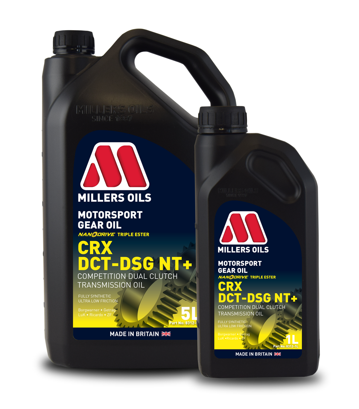 Millers Motorsport CRX DCT-DSG NT+ gear oil for gearbox fluid, showing bottles and packaging of the product.