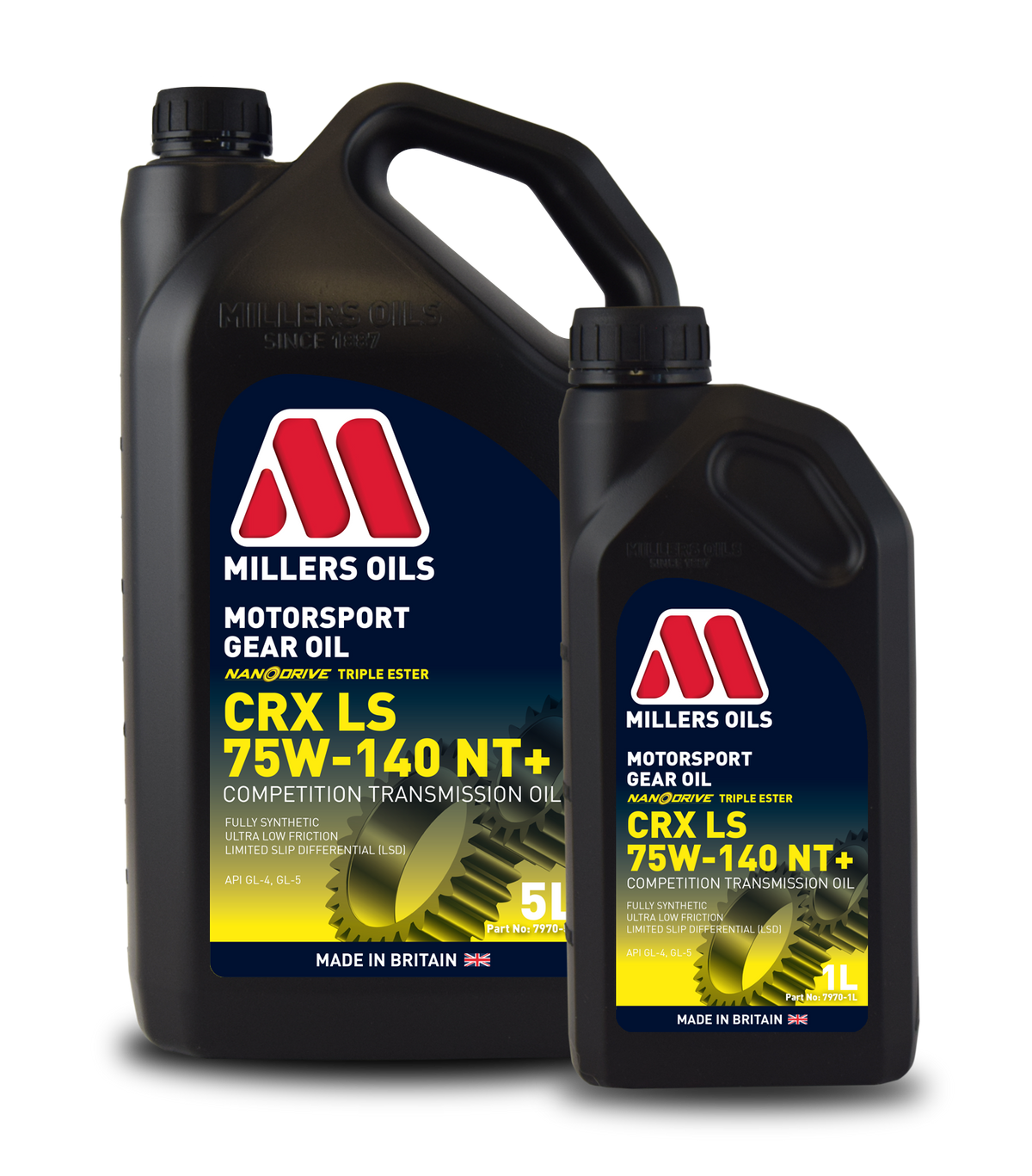 Millers Motorsport CRX LS 75W140 NT+ Gear Oil container, gearbox fluid for high-performance vehicle lubrication.