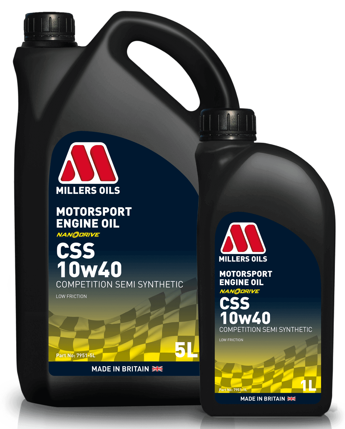 Millers Motorsport CSS 10w40 engine oil container, high-performance motor oil for automotive engines, in a black and yellow bottle