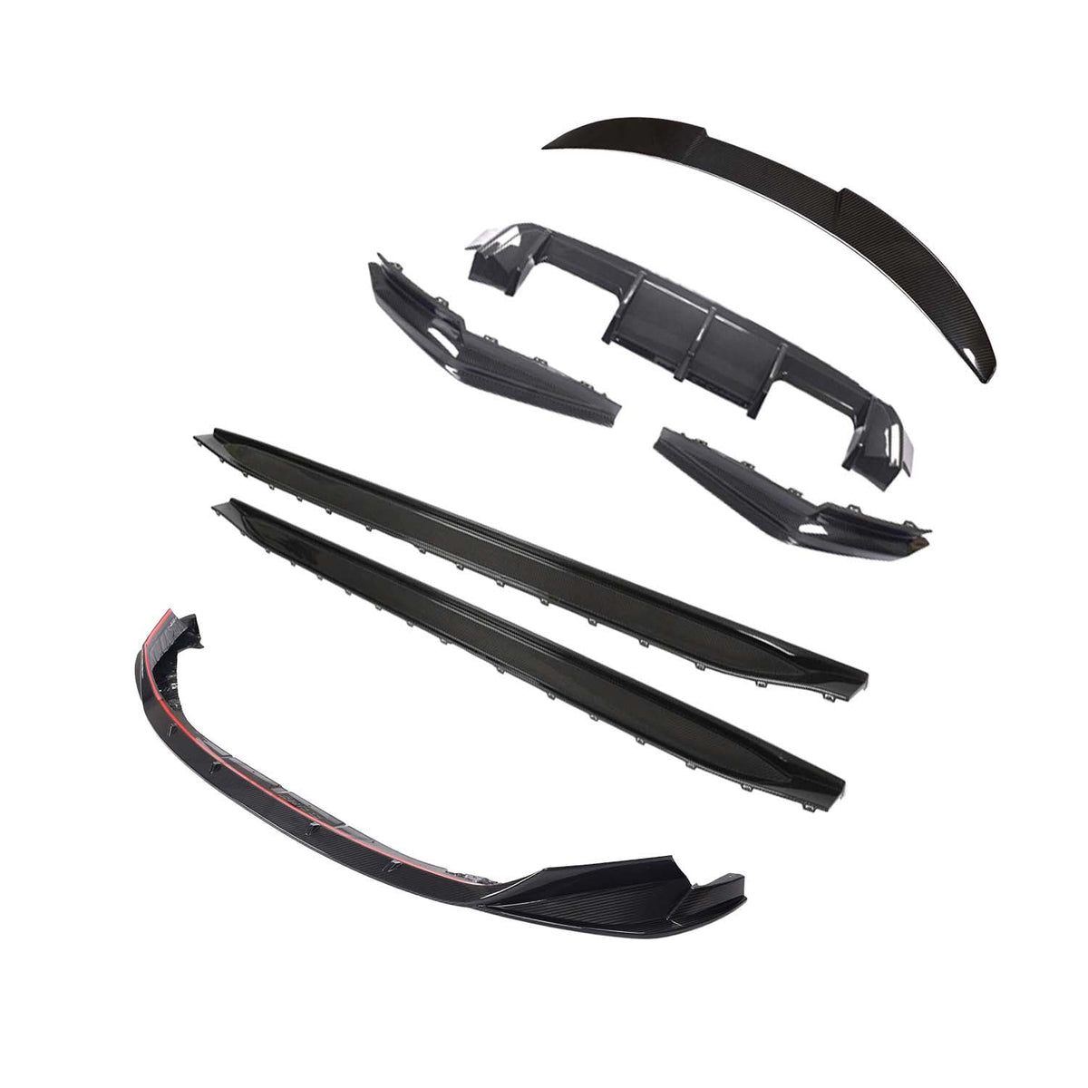 BMW G80 M3 full carbon fibre kit by CT Carbon, including V10 splitter, shown on a sleek car with detailed carbon fibre components.