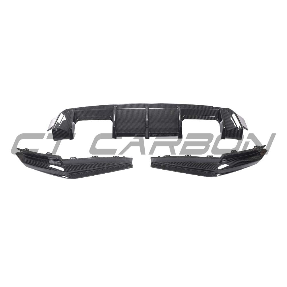 BMW G81 M3 carbon fibre full kit by CT Carbon, including diffuser and body parts, showcased on a sleek black car.