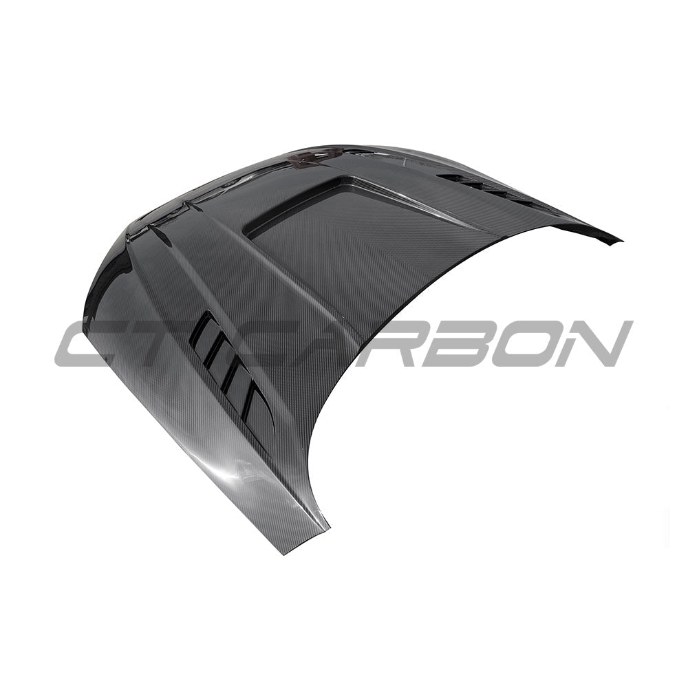 Carbon fiber hood for Audi A6, A7, S6, S7, RS6, RS7 C8 2019-2025 by CT Carbon, showing the textured lightweight bonnet.
