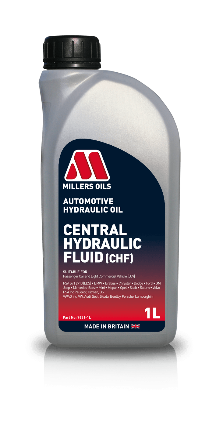 Millers Central Hydraulic Fluid CHF 1 Litre container, vehicle fluid for hydraulic systems, branded by Millers Oils.