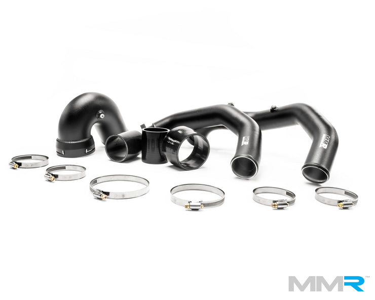 MMX Performance BMW F8x S55 charge pipe kit with hoses, featuring high-quality black silicone hoses for M2C, M3, and M4 models.