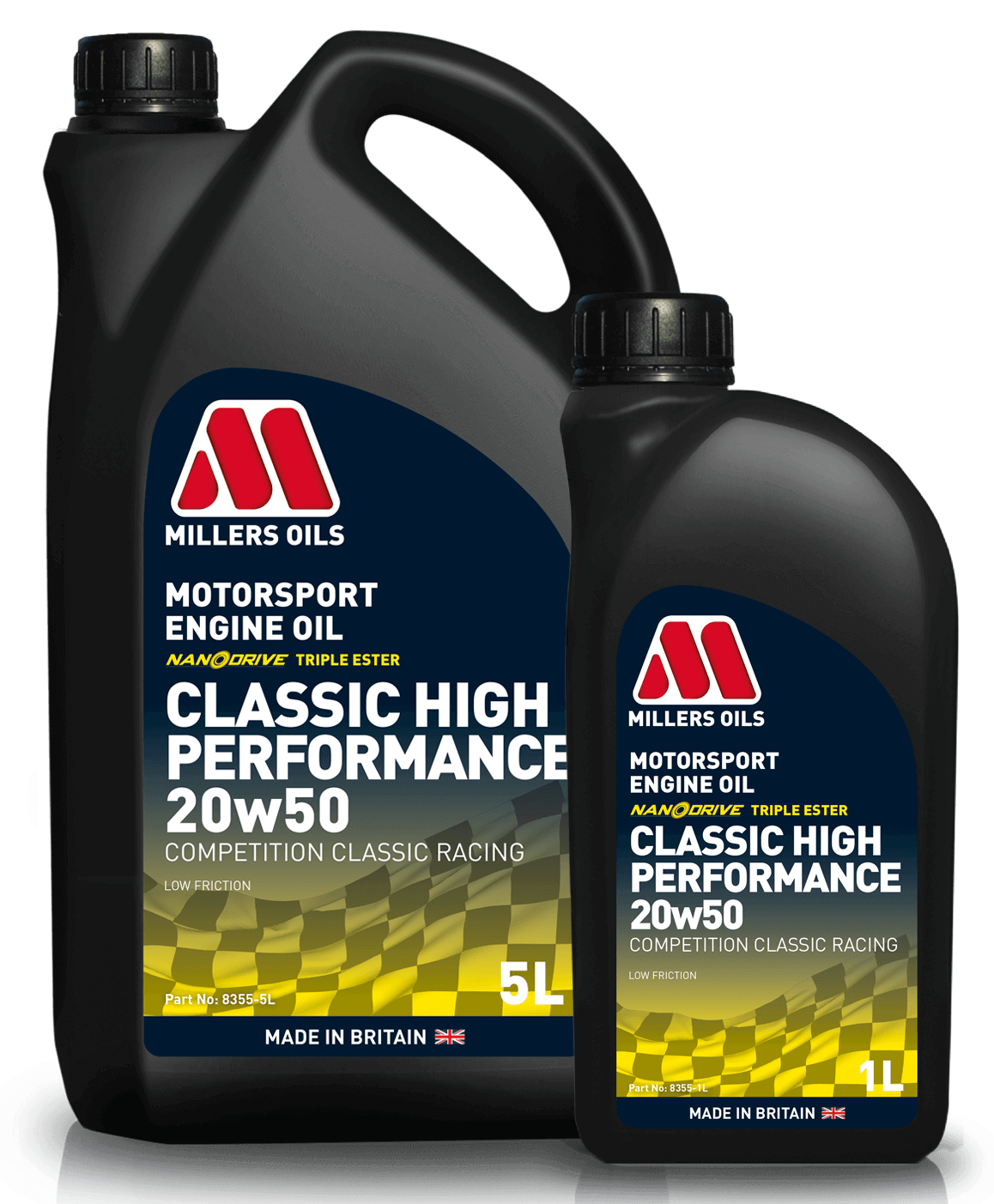 Millers Oils Classic High Performance Engine Oil 20W50, dark liquid in a container, designed for vehicle engines.