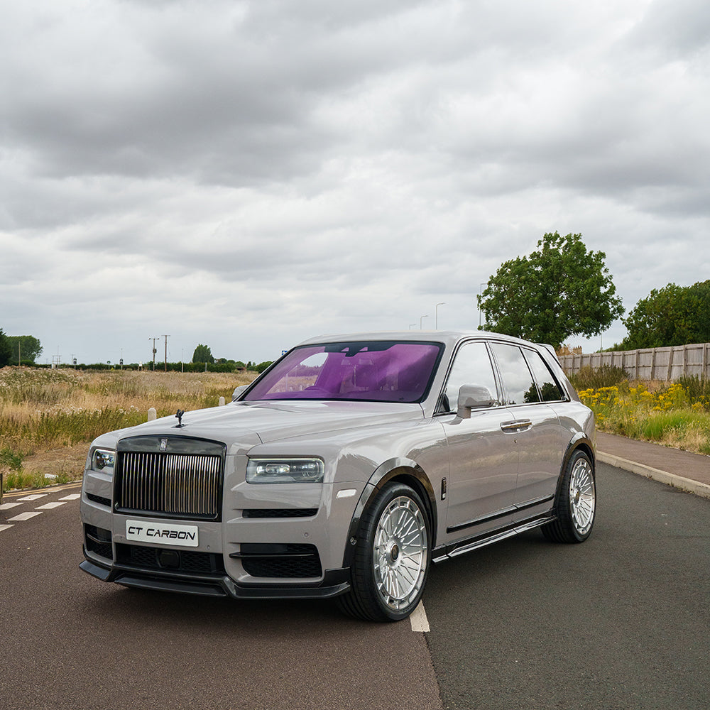 CT Carbon Rolls Royce Cullinan carbon fiber wheel arch extensions, sleek and aerodynamic vehicle splitter design.