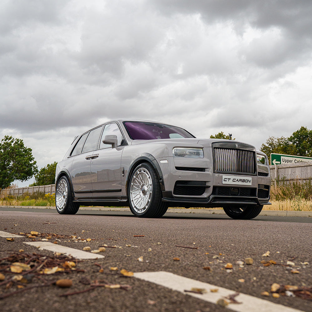 CT Carbon Rolls Royce Cullinan carbon fibre wheel arch extensions installed on the luxury SUV, showcasing sleek, durable design.
