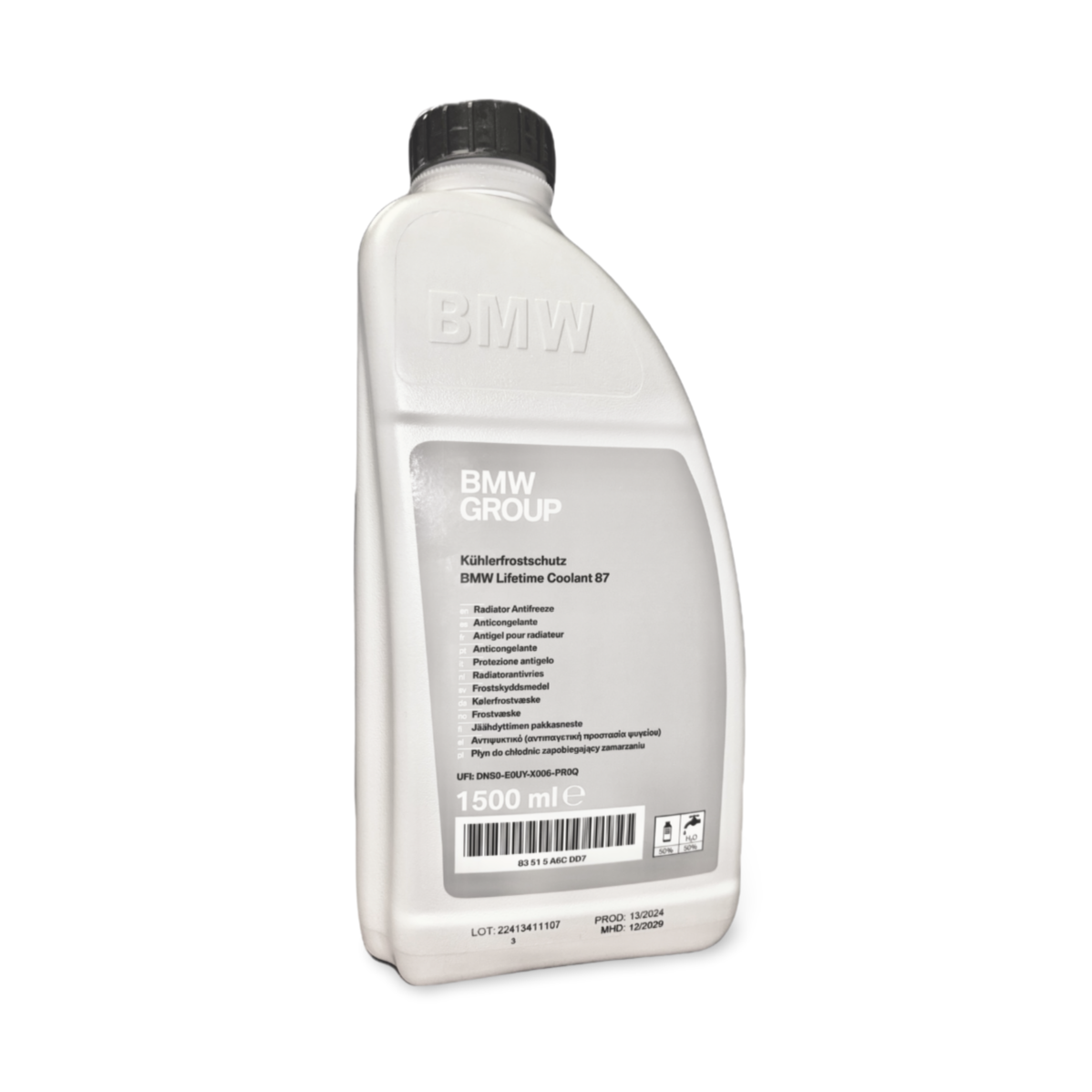 Genuine BMW blue coolant antifreeze 1.5L container, showing the coolant bottle with BMW branding and blue liquid inside.