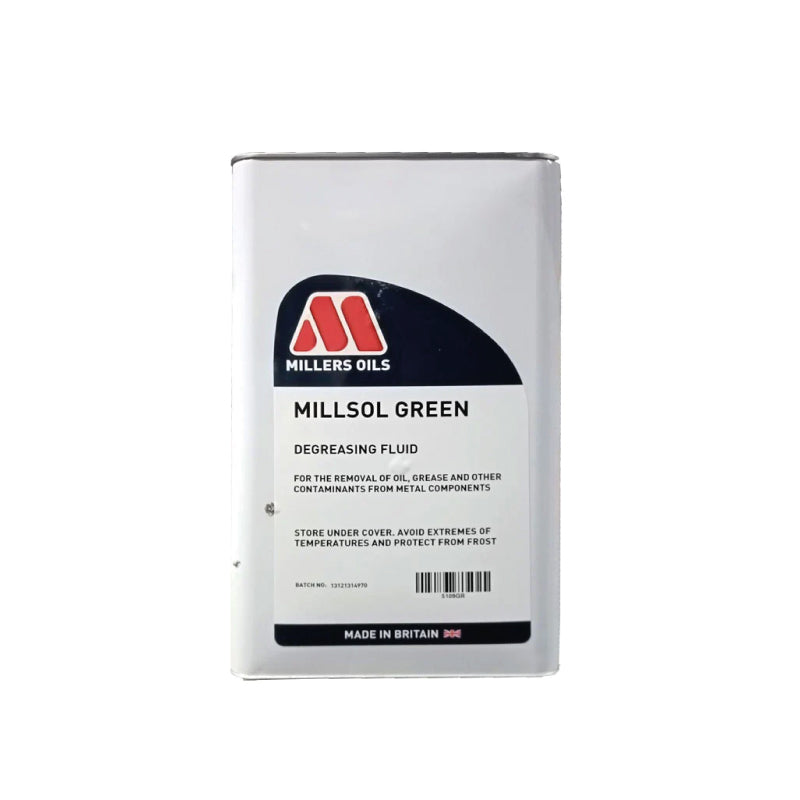 Millers Millsol Green 5L detailing detergent bottle from Millers Oils, green label, used for cleaning vehicle surfaces.