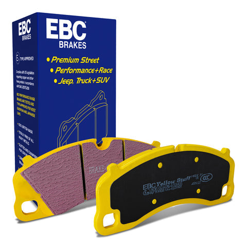 Pair of EBC Yellowstuff 4000 Series front brake pads for Porsche 911 GT3, 718 Cayman, and 981 GT4, shown in packaging.