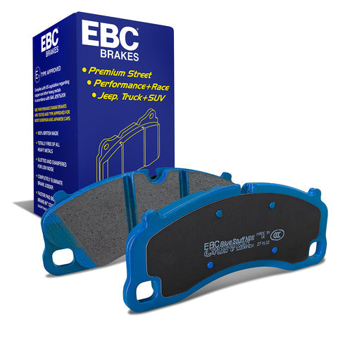 Pair of EBC Front Bluestuff NDX Trackday Brake Pads for Porsche 911 GT3, 718 GT4, and 981 GT4 models.