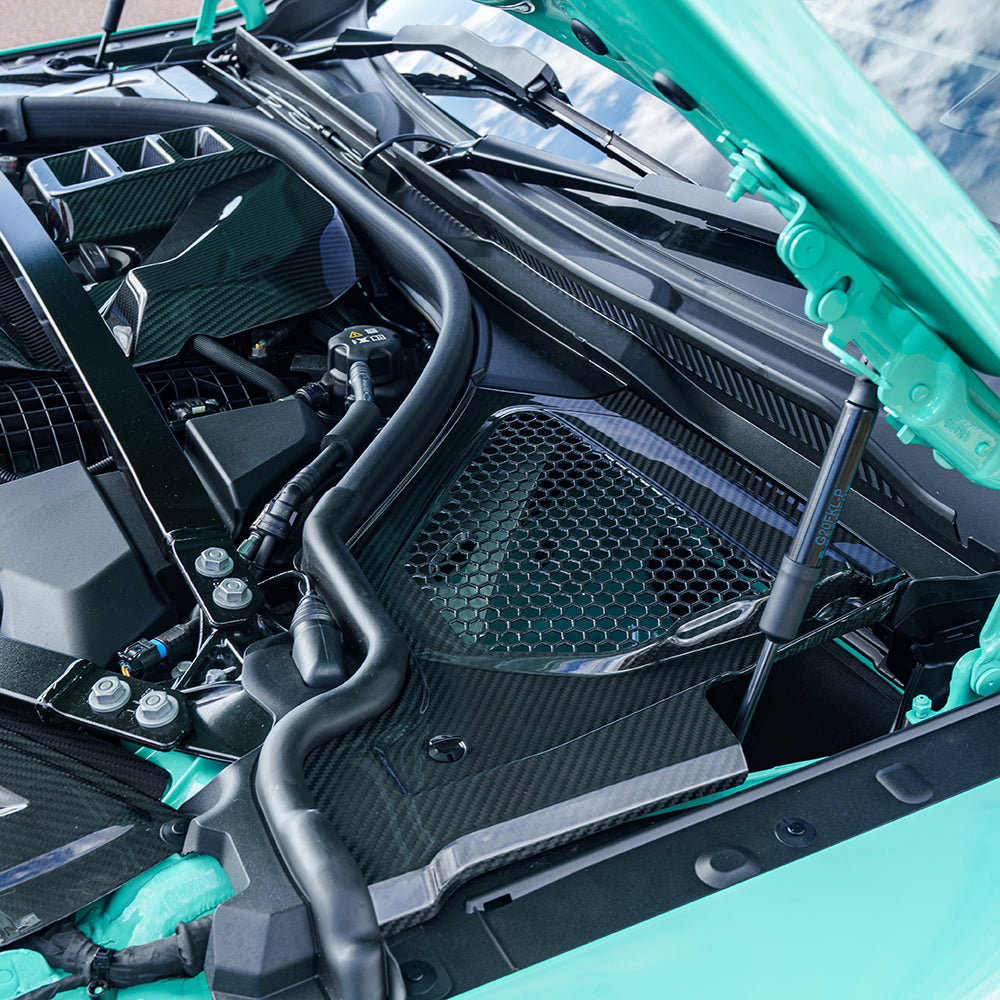 BMW M2 M3 M4 G87 G80 G81 G82 G83 Carbon Fibre Engine Bay Upper Trim by CT Carbon, RHD, close-up view of high-quality car accessory.