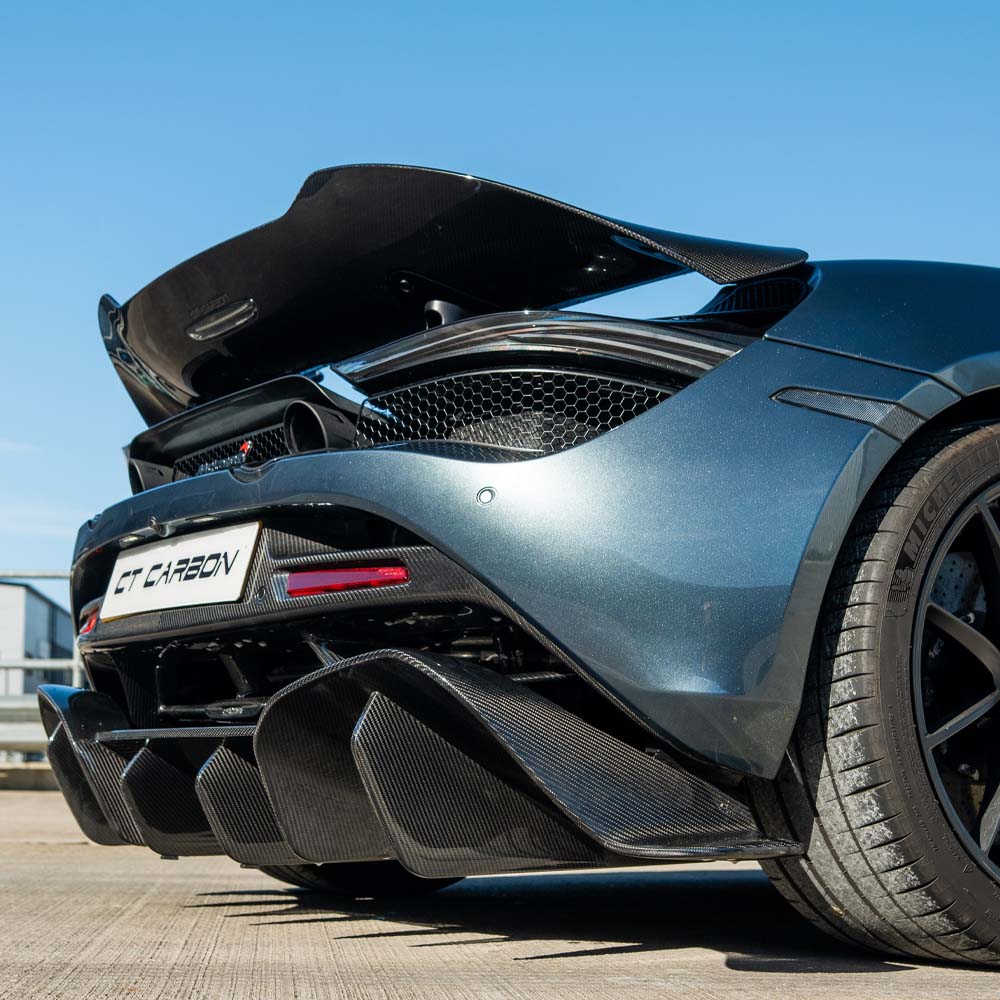 CT Carbon McLaren 720S Ultimate Kit installed on a sports car, showcasing sleek carbon fiber components and detailed craftsmanship.