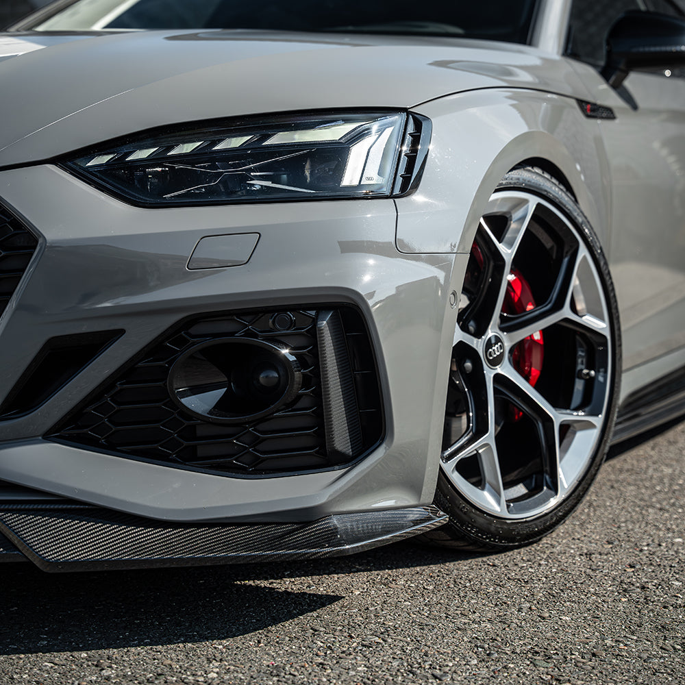 CT Carbon Audi RS5 B9.5 Sportback and Coupe 2020-2025 carbon fiber splitter installed on front bumper.